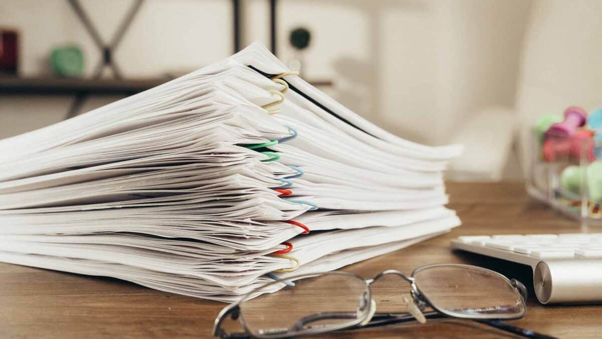 Stack of sales and use tax paperwork